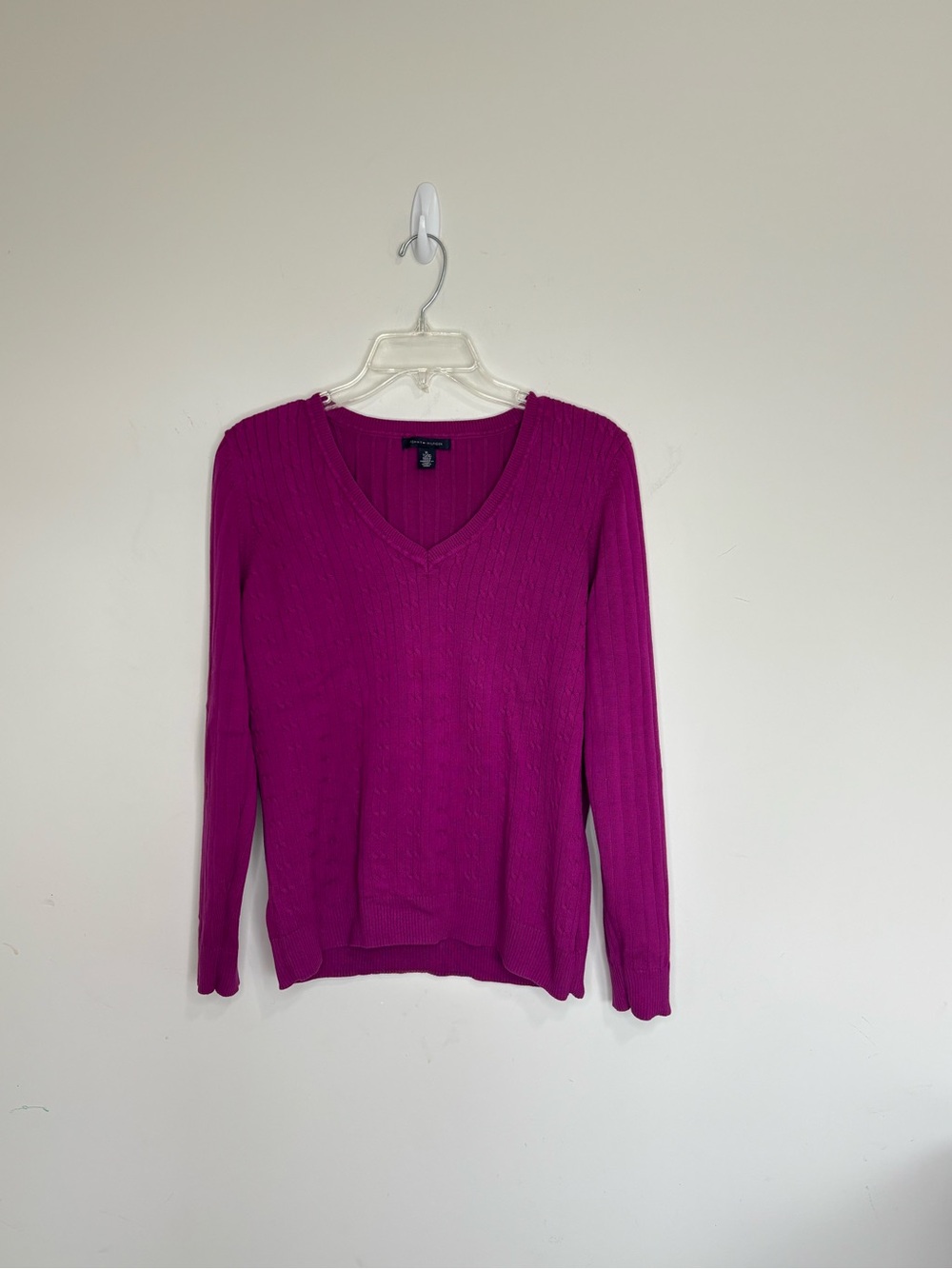 B17 Tommy Hilfiger Fuchsia Cable Knit Sweater V-neck Cotton Blend XL